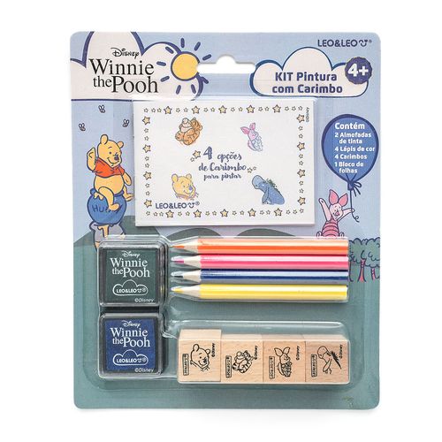 KIT PINTURA COM CARIMBO URSINHO POOH 4 LÁPIS DE COR + 1 BLOCO + 4 CARIMBOS + 2 ALMOFADAS DE TINTA -