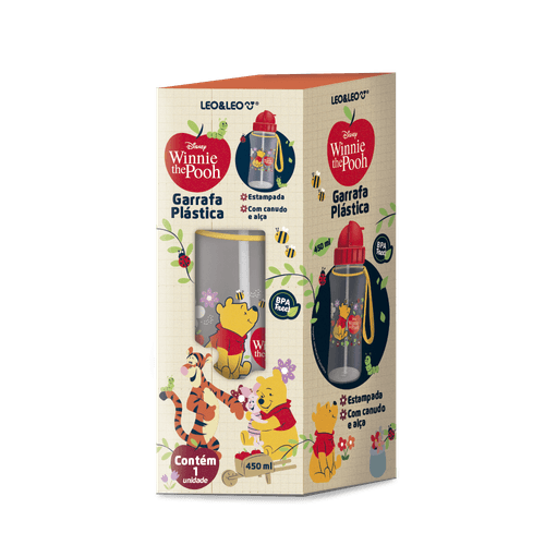 GARRAFA PLÁSTICA C/ CANUDO E ALÇA 450 ML URSINHO POOH - CAIXA C/ 1 UND LEO&LEO