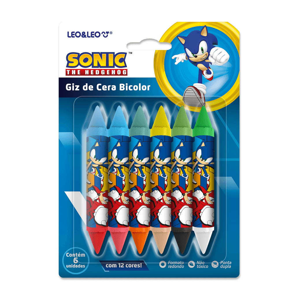 Giz De Cera Big Bicolor Sonic - Caixa C/ 6 Und E 12 Cores Leo&Leo