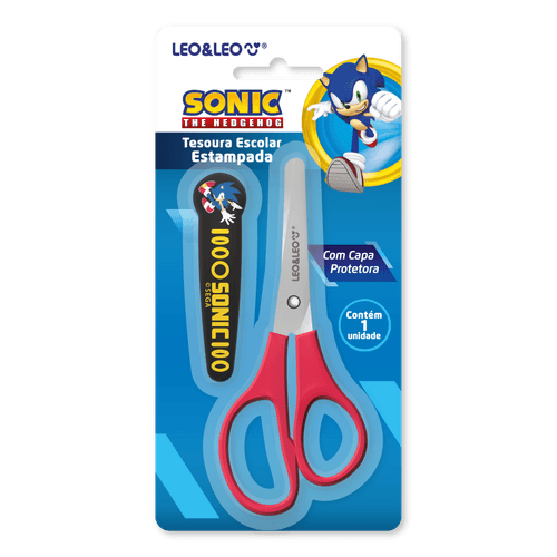 TESOURA ESCOLAR ESTAMPADA COM CAPA SONIC - BLISTER C/ 1 UND LEO&LEO