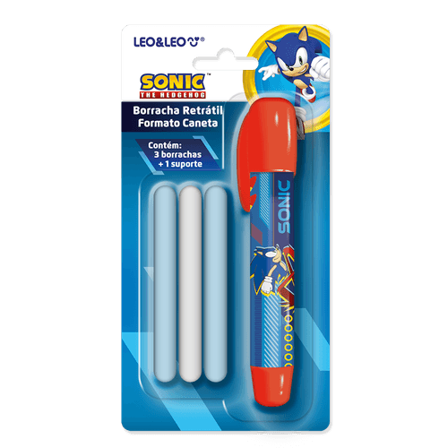 BORRACHA RETRÁTIL FORMATO CANETA SONIC - BLISTER C/ 1 SUPORTE E 3 BORRACHAS LEO&LEO