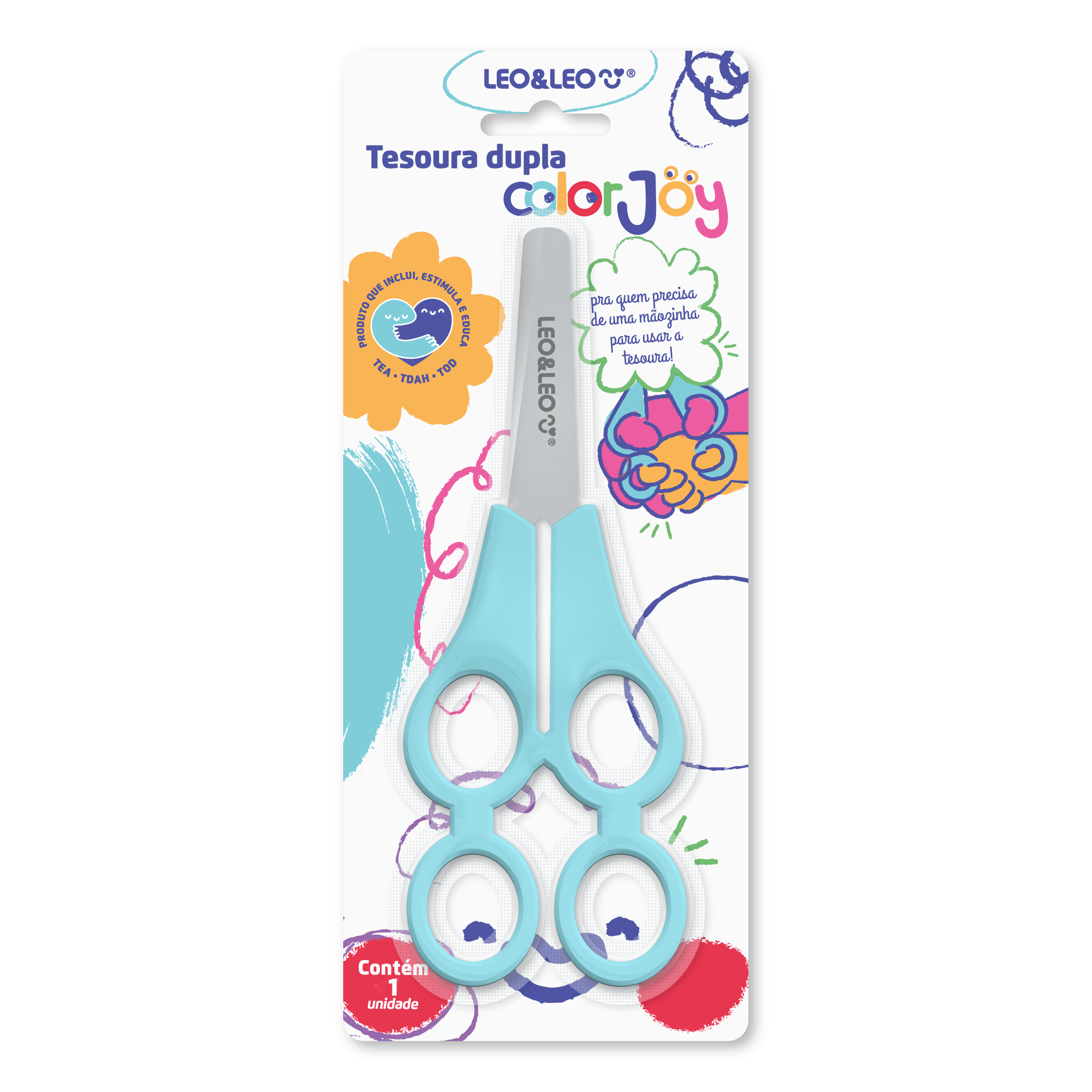 Tesoura Escolar Dupla Tandem Color Joy - Blister C/ 1 Und Leo&Leo