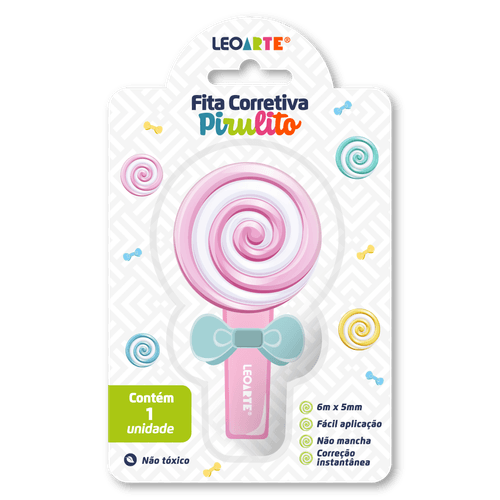 FITA CORRETIVA 6MX5MM FOOD TRENDS FORMATO PIRULITO - CAIXA C/ 12 BLISTERS CORES SORTIDAS LEOARTE
