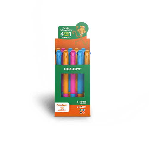 CANETA ESF. 4 EM 1 PONTA 1.0 - DISPLAY C/ 18 UND CORES SORTIDAS LEO&LEO