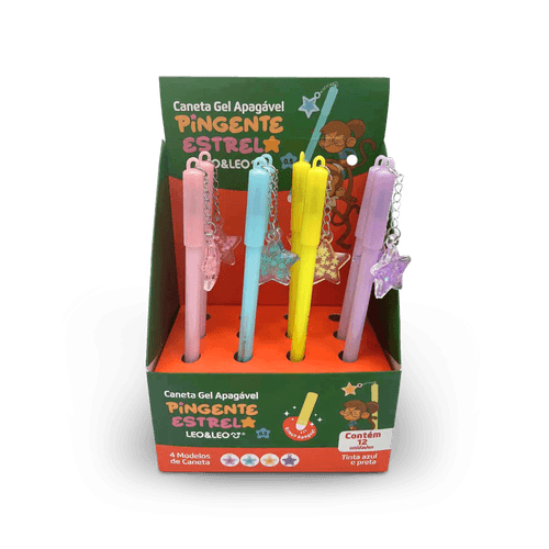 CANETA GEL APAGAVEL 0.5 COM PINGENTE ESTRELA - DISPLAY C/ 12 UND LEO&LEO