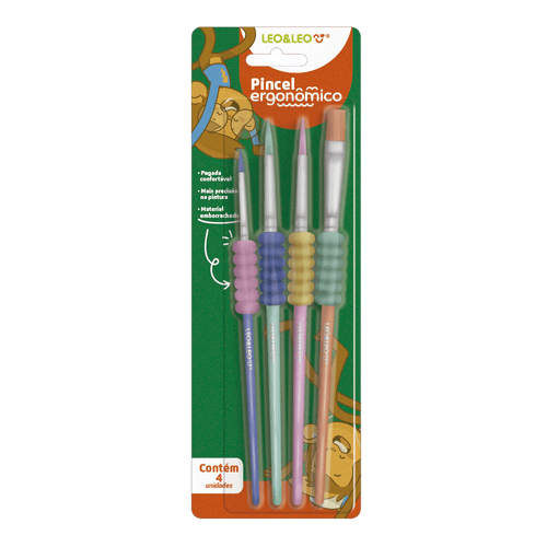 PINCEL ERGONÔMICO COM BORRACHA PONTA REDONDA/CHATA - BLISTER C/ 4 UND LEO&LEO