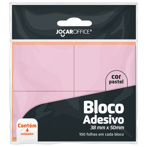 BLOCO ADESIVO ROSA PASTEL 38MMX50MM - OPPBAG C/ 4 BLOCOS 100F CADA JOCAR OFFICE