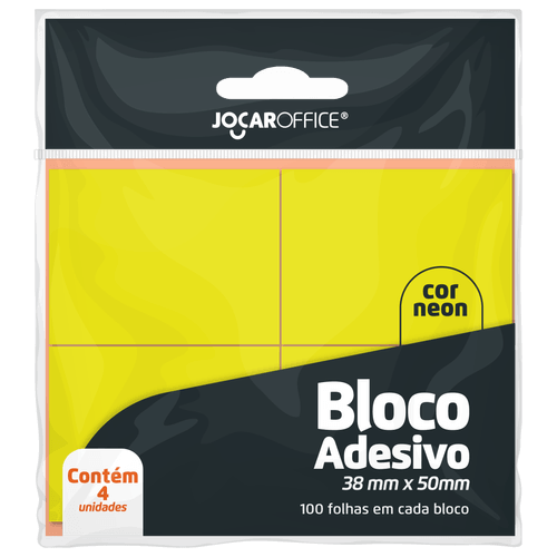 BLOCO ADESIVO AMARELO NEON 38MMX50MM - OPPBAG C/ 4 BLOCOS 100F CADA JOCAR OFFICE