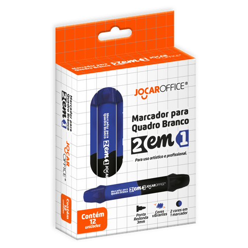 MARCADOR PARA QUADRO BRANCO 2 EM 1 PRETO/AZUL - CX/ 12 UND JOCAR OFFICE