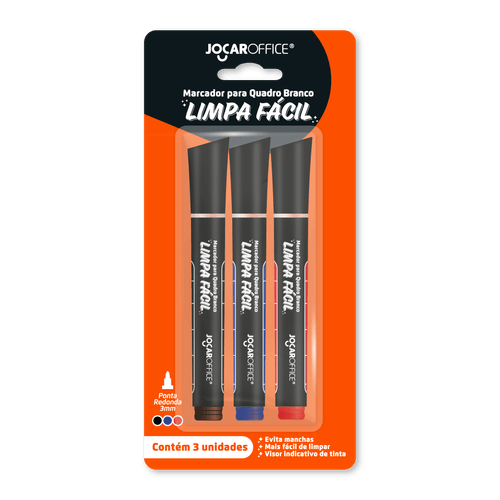 MARCADOR PARA QUADRO BRANCO LIMPA FÁCIL - BLISTER C/ 3 UND - AZUL PRETO VERMELHO - JOCAR OFFICE