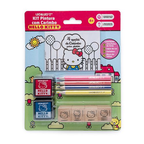 Kit Pintura com Carimbo Hello Kitty - Blister c/ 1 Kit 4 Lápis de Cor + 1 Bloco + 4 Carimbos + 2 Almofadas de Tinta Leo&Leo