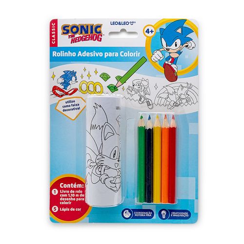 Rolinho Adesivo para Colorir Sonic - Blister c/ 1 Rolo para Pintar + 5 Lápis de Cor de Madeira Leo&Leo