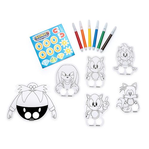 Kit Dedoche para Colorir Sonic - Blister c/ 6 Card + 6 Canetas Hidrocor + 1 Cartela de Adesivo Leo&Leo