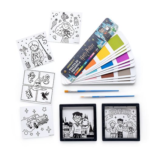 Quadrinhos com Kit Pintura Harry Potter - Caixa c/ 1 Cartela de Aquarela c/12 Cores + 6 Ilustrações + 2 Pincéis Leo&Leo