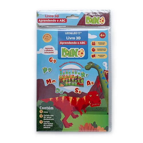 Livro 3D Aprendendo o Abecedário com Dino - 1 Livro + Cartela Destacável e Fechamento Aderente Leo&Leo