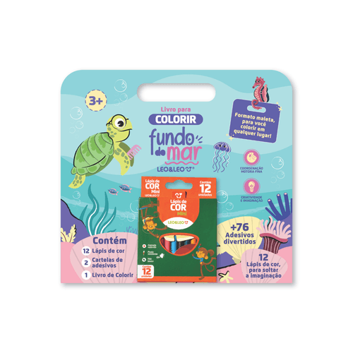 Livro Para Colorir Fundo do Mar - Shrink com Livro + Cartela de Adesivos + Lápis de Cor Leo&Leo