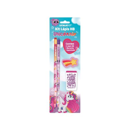 Kit Lápis Hb Unicórnio - 2 Lapis/Apontador/Borracha Cx/24 Blister Leoeleo