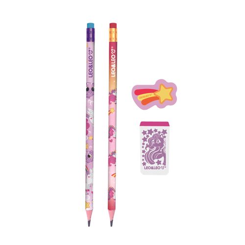Kit Lápis Hb Unicórnio - 2 Lapis/Apontador/Borracha Cx/24 Blister Leoeleo