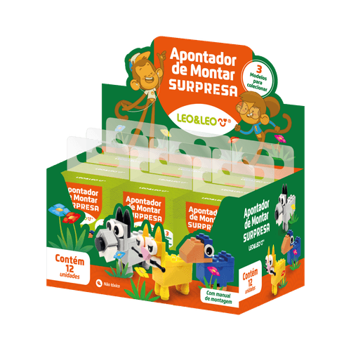 Apontador De Montar Surpresa Animais Um Furo - Display C/ 12 Und Leo&Leo