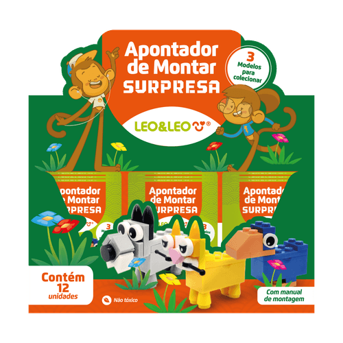 Apontador De Montar Surpresa Animais Um Furo - Display C/ 12 Und Leo&Leo