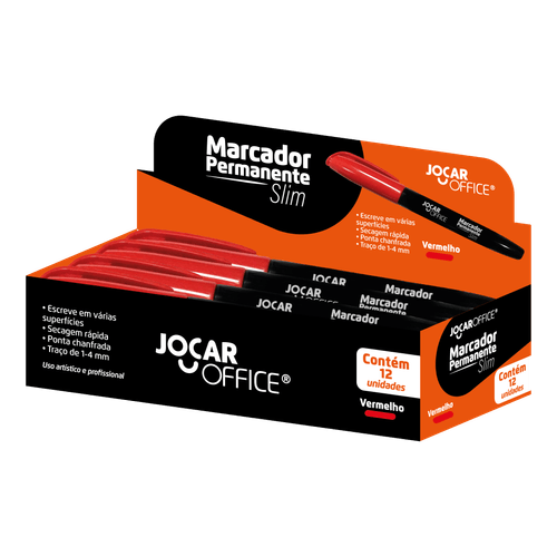 Marcador Permanente Ponta Chanfrada Vermelho Slim Cx/12 Jocar Office