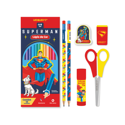 Kit Lápis De Cor 12 Cores Superman - Caixa C/ 6 Kits LeoeLeo